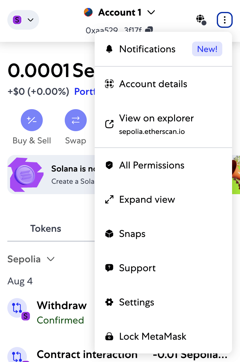 MetaMask account context menu