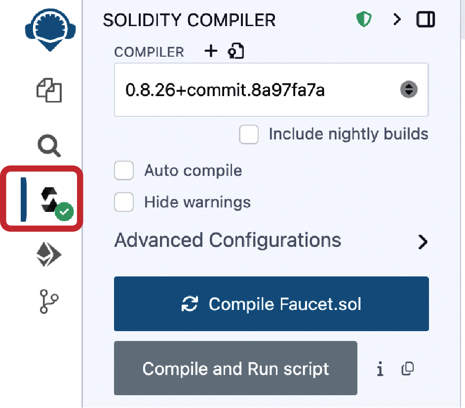 Remix successfully compiles the Faucet.sol contract