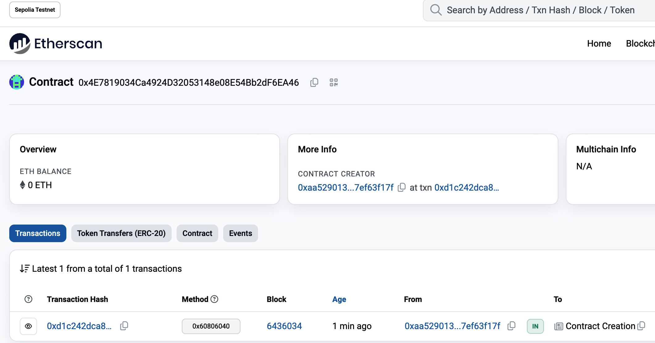Viewing the Faucet contract address in the Etherscan block explorer