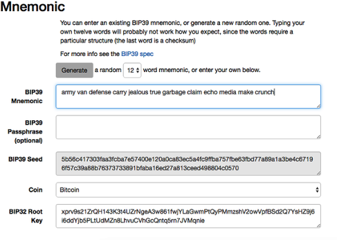 The BIP-39 generator web page